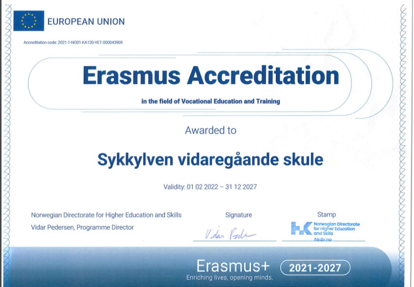 Kopi av akkreditering frå Erasmus + til Sykkylven vgs.